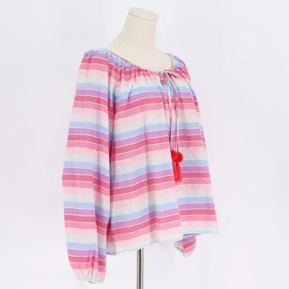 NWT J. Crew Peasant Top in Metallic Pastel Stripe Front Tassel Tie Size L